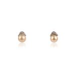 A pair of cultured pearl and diamond earrings, the diamond-set coronets each suspend a cultured