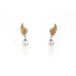 A pair of cultured pearl and diamond drop earrings, the diamond wings set with graduated circular-