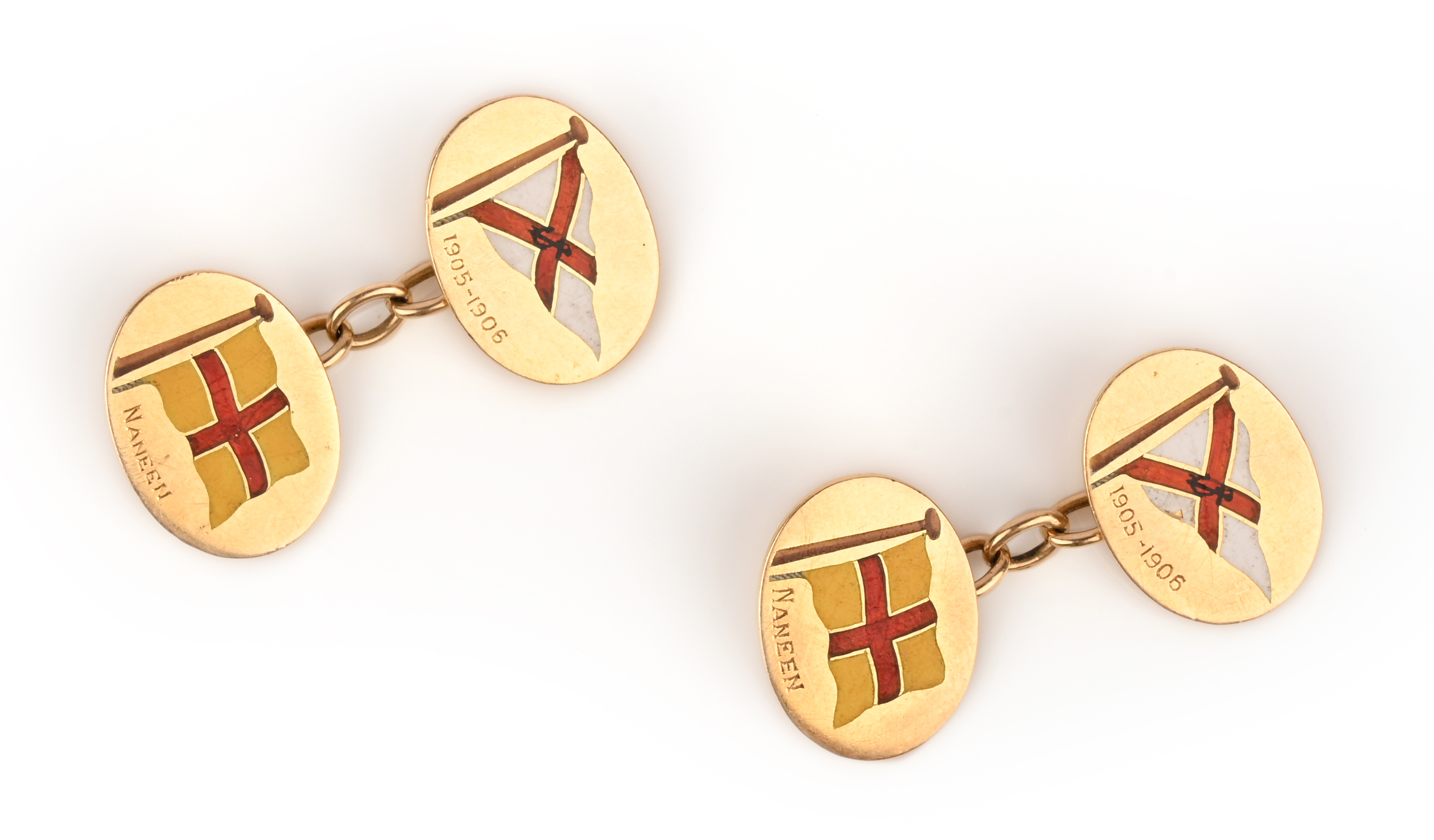 A pair of gold burgee cufflinks, inscribed 1905 - 1906 and Naneen in 18ct yellow gold, Birmingham