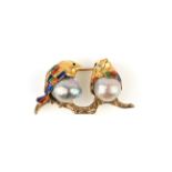 A pearl and enamel bird brooch, designed as two birds on a branch, their bodies set with a grey