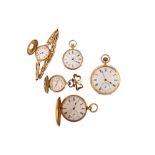 A mixed group of watches, comprising: three 18ct gold pocket watches, one 41mm diameter, British