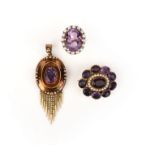 A group of amethyst jewels, comprising: a Georgian amethyst and half seed pearl brooch, length 28mm;