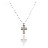 A diamond-set cruciform pendant, set with single-cut diamonds within a plain border, on fine-link