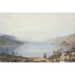 Circle of Thomas Miles Richardson Jnr Highland landscape with fishermen on the shores of a loch