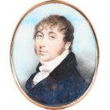 λCircle of Andrew Plimer Portrait miniature of a gentleman, wearing a blue coat and white stock