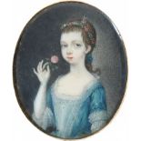 λEnglish School Late 18th Century Portrait miniature of a girl wearing a blue dress and holding a