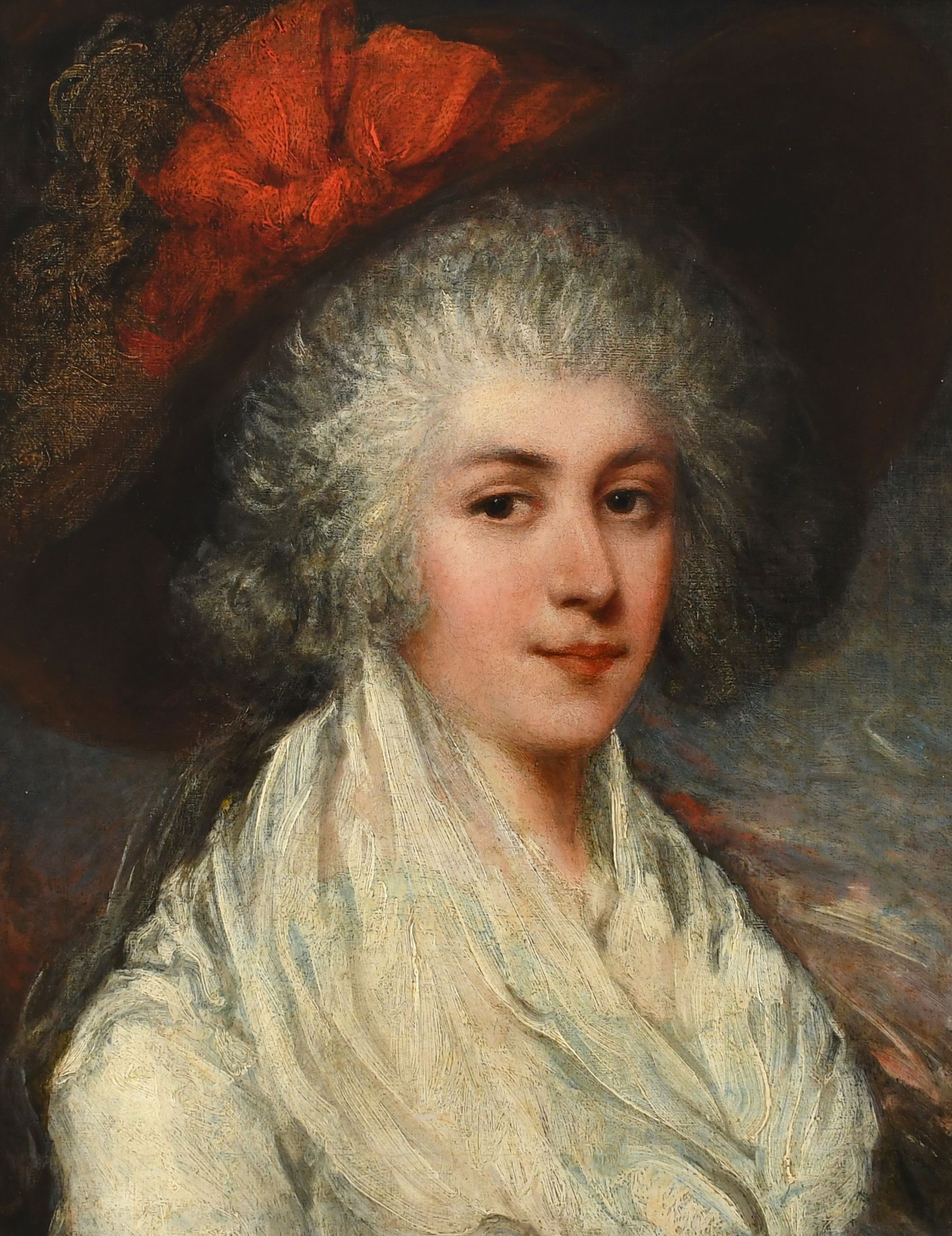 Circle of Thomas Gainsborough Portrait of a lady, bust-length, wearing a white dress and broad-