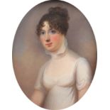 λEnglish School 19th Century Portrait miniature of a lady wearing a white dress Oval, in a