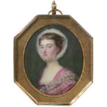 λCircle of Pierre Pasquier Portrait miniature of a lady, wearing a pink dress, pearl necklace and