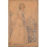 Manner of Richard Cosway Portrait of Mrs Tickle, full length, standing by a balustrade Bears a