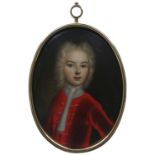 English School c.1700 Portrait miniature of a boy, wearing a red coat and with powdered hair On