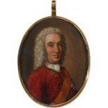 English School c.1700 Portrait miniature of a gentleman, wearing a red coat and brown sash, and with