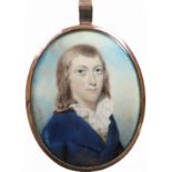 λThomas Le Hardy (act. 1794-1802) Portrait miniature of a young man wearing a blue coat and yellow