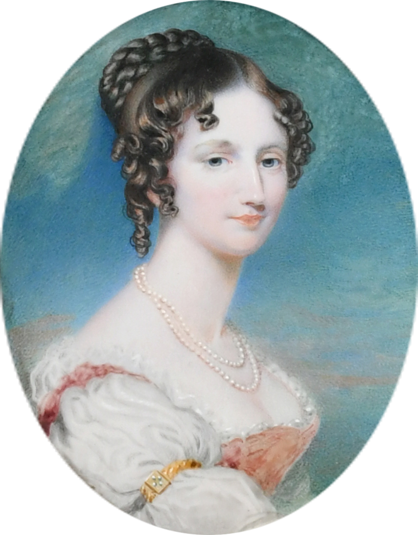 λAndrew Robertson (1777-1845) Portrait miniature of a lady, wearing a white dress and pearl necklace