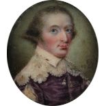 λEnglish School 1765 Portrait miniature of a gentleman wearing purple Vandyke dress Signed with