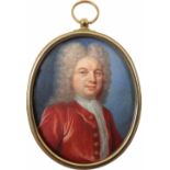 λCircle of Benjamin Arlaud Portrait miniature of a gentleman wearing a red coat and long wig Oval,