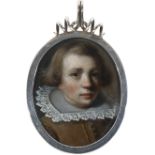 Dutch School 17th Century Portrait miniature of a young boy, wearing a buff coat and lace collar