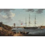 Anton Schranz (German 1769-1839) A large 52-gun British frigate lying at anchor in Port Mahon,