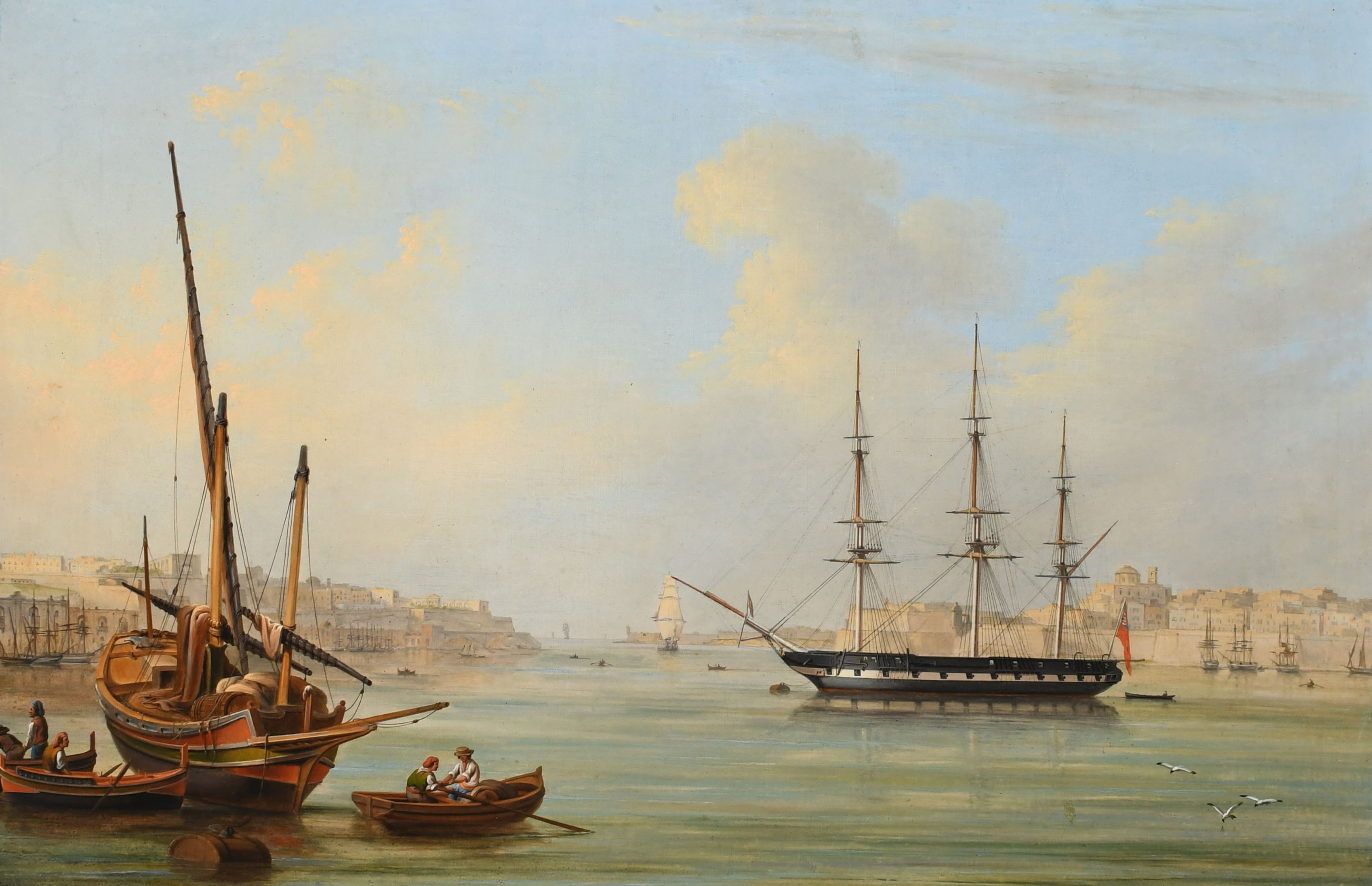 Anton Schranz (German 1769-1839) A 42-gun British frigate moored to a buoy in Grand Harbour,