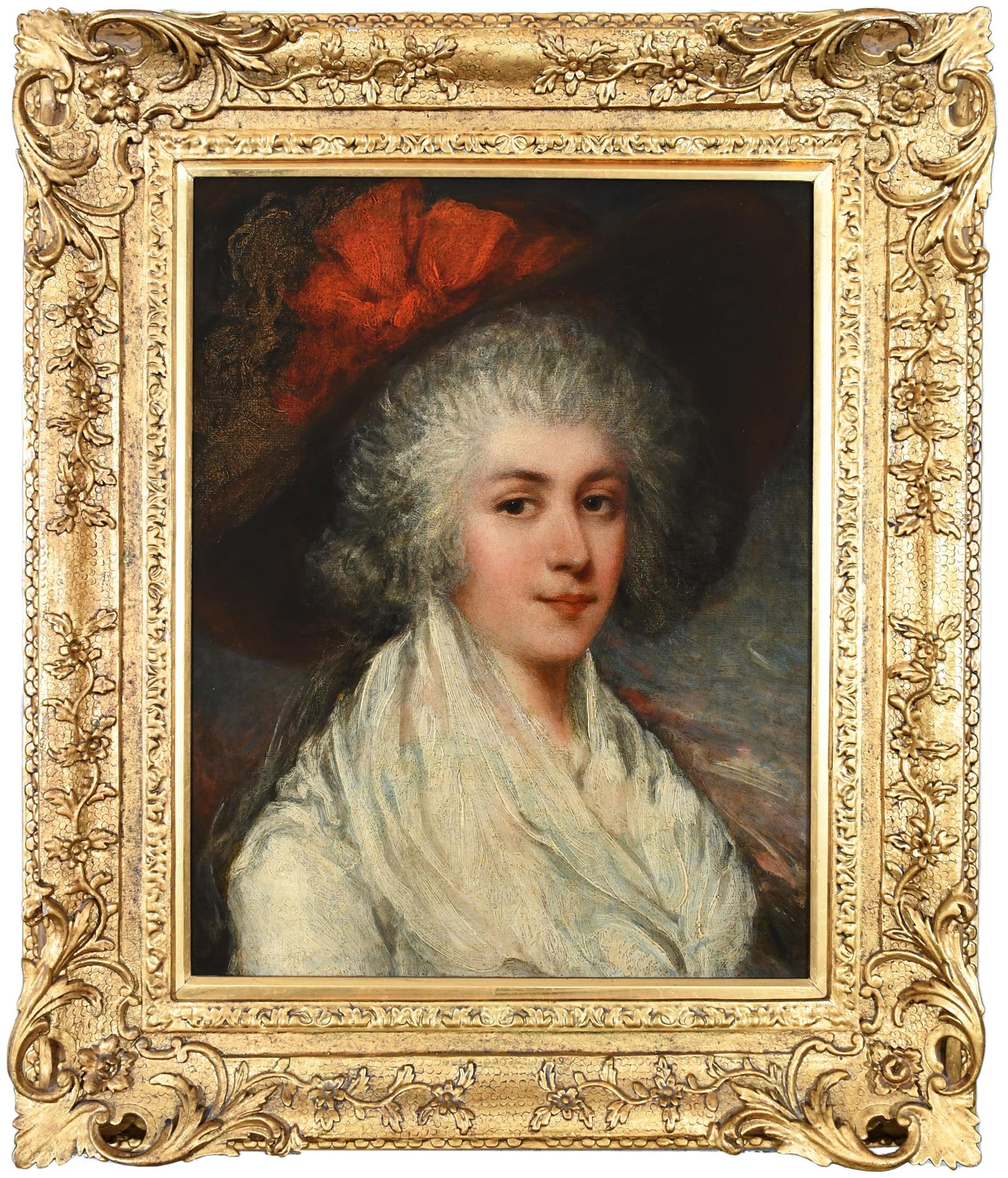 Circle of Thomas Gainsborough Portrait of a lady, bust-length, wearing a white dress and broad- - Image 2 of 3