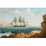 Anton Schranz (German 1769-1839) A 44-gun British frigate running into Grand Harbour, Valletta,