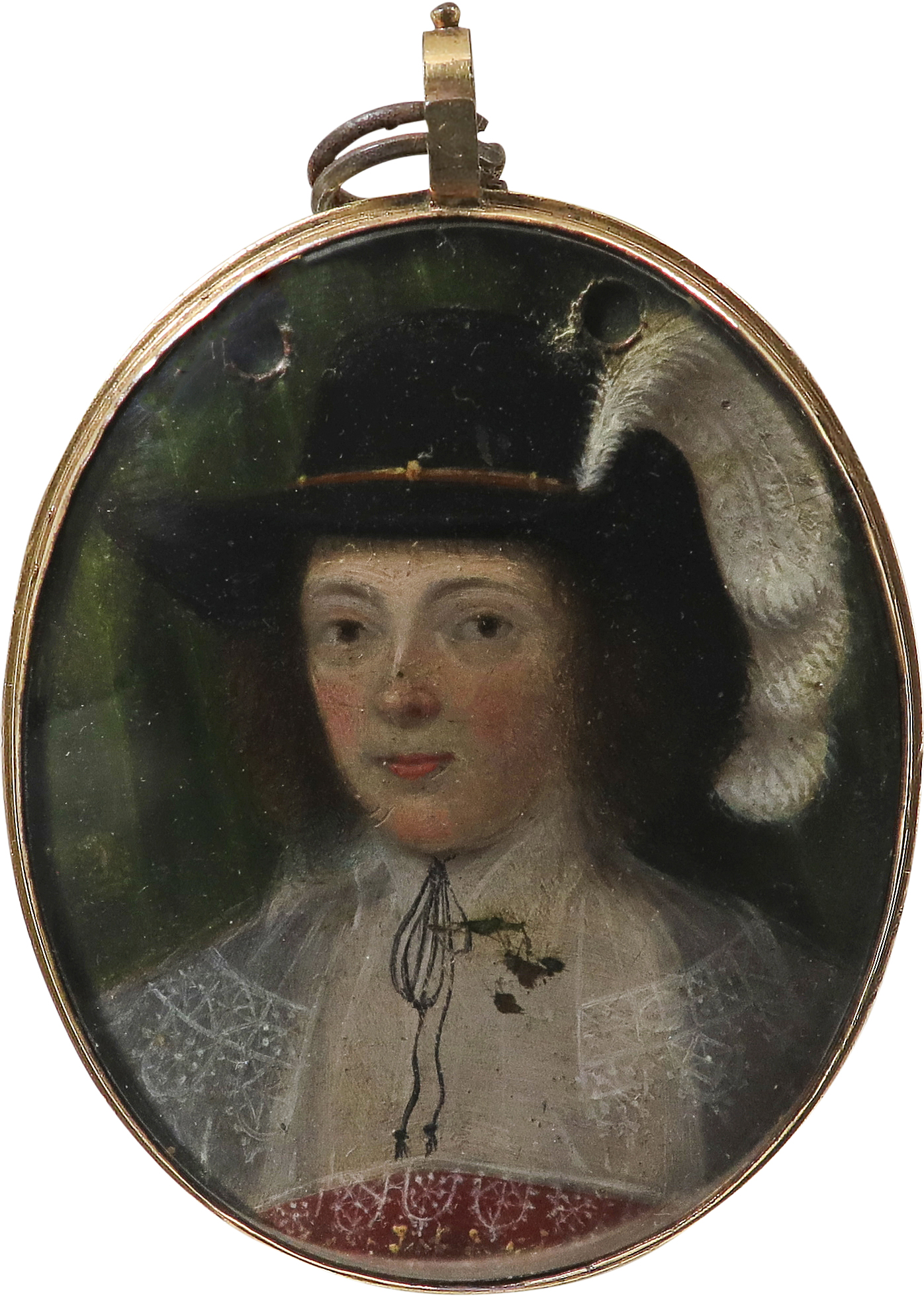 Manner of Isaac Oliver Portrait miniature of a young woman, wearing a red dress, lace collar and
