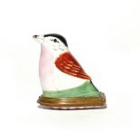 A Bilston enamel bird bonbonnière c.1760-80, modelled as a finch with russet wings and a lilac