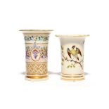 Two Swansea spill vases c.1815, of glassy paste and flared trumpet shape, one painted with a bird on