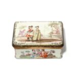 A rectangular enamel snuff box c.1760-70, possibly Birmingham, the lid painted with a soldier and