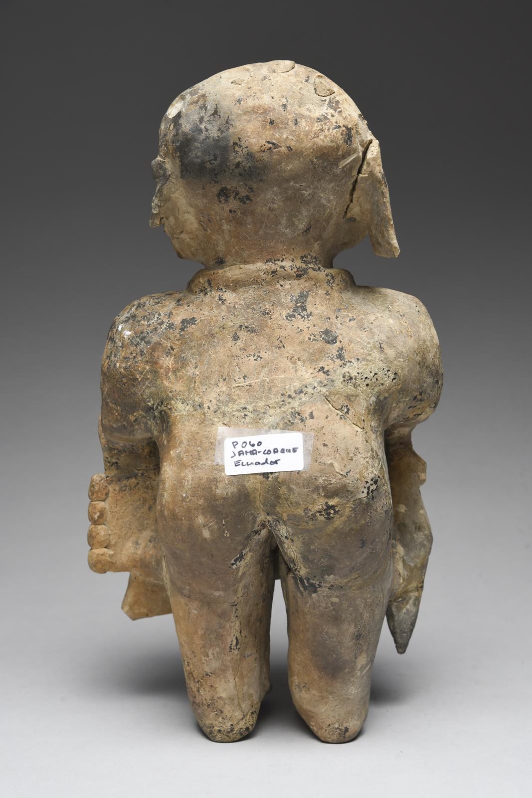 A Jama Coaque standing warrior Ecuador, circa 500 BC - 600 AD pottery, wearing a headdress, necklace - Image 3 of 4