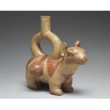 A Moche stirrup spout vessel Peru, circa 200 - 900 AD pottery, modeled as a Llama with a large gourd