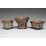 Three Nazca bowls Peru, circa 200 - 600 AD pottery with differing painted linear decoration, 11.5cm,