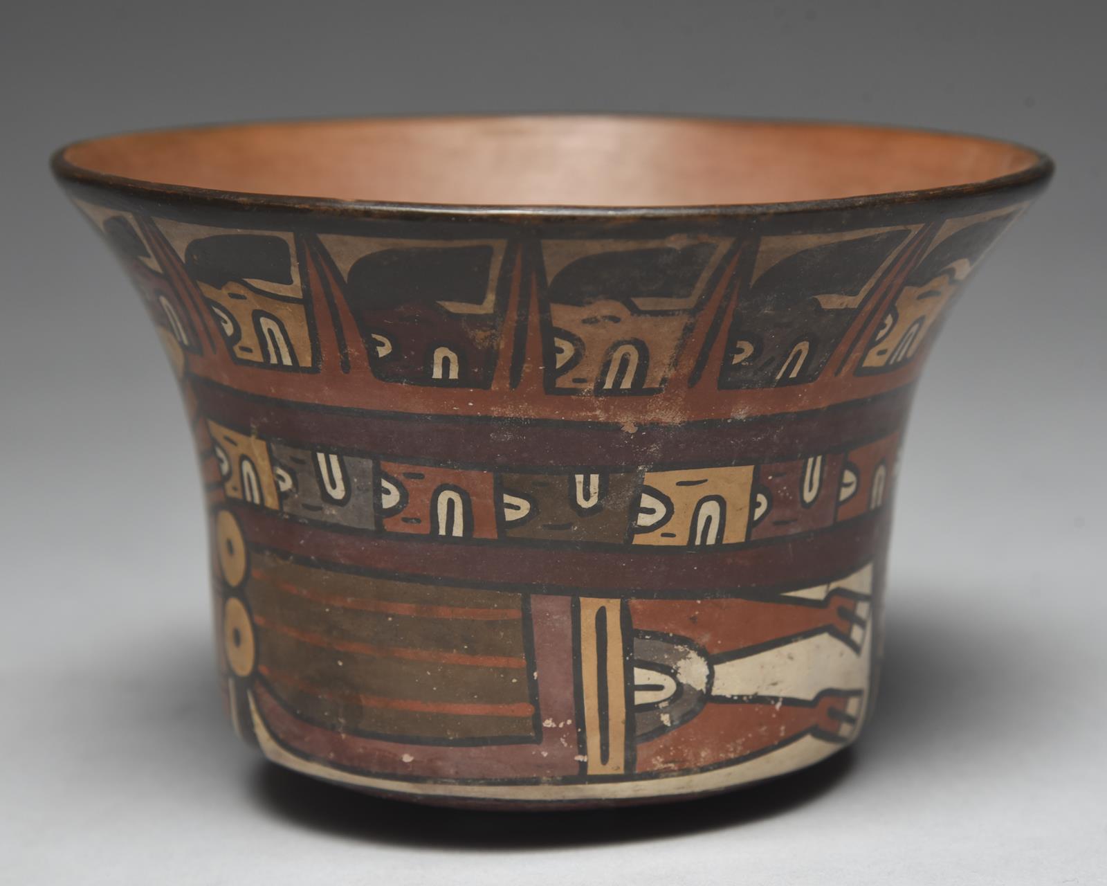 A Nazca bowl Peru, circa 200 - 600 AD pottery, painted a mythical flying being with trophy heads - Image 3 of 5