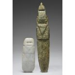 Two Nicoya axe god pendants Costa Rica greenstone, pierced for attachment through the neck, the