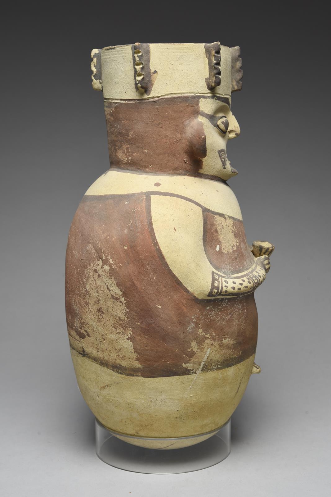 A Chancay figural vessel Peru, circa 1100 - 1400 AD pottery, relief modelled holding a cup, with a - Image 4 of 4