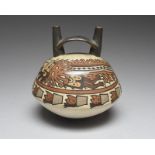 A Nazca double spout stirrup vessel Peru, circa 700 - 800 AD pottery, painted a band of thirteen