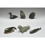 Six Inuit animals Arctic soapstone and steatite, including a Narwhal on stand by Jootah, signed