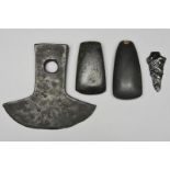 An Inca axe head Peru, circa 1200 - 1500 AD bronze, 12cm long, a Mexican obsidian flint, modelled as