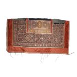 A Kazakh yurt hanging Mongolia velvet and cotton, with applique roundel and scroll decoration, the