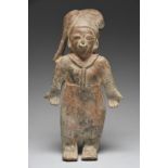 A Jama Coaque standing female figure Ecuador, circa 500 BC - 600 AD pottery, wearing a nose ring and