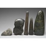 Five stone blades including nephrite, 22cm long, two South American greenstone, 20.8cm and 15.3cm, a