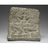 An Aztec relief panel Mexico stone, depicting a seated and standing figure wearing plumed