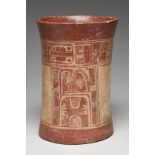 A Maya cylindrical vessel Mexico, circa 550 - 950 AD pottery of waisted form and painted glyphs in a