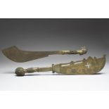 Two Yoruba ceremonial swords Nigeria brass, one with a pierced blade and engraved animals, a bird