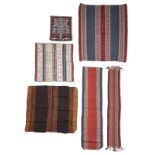 Six Peru textiles natural dyed wool, including two shawls mantas, 91cm x 111cm and 78cm x 69cm, a