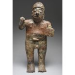 A Nayarit large standing warrior figure Mexico, circa 100 BC - 250 AD pottery, wearing a pointed
