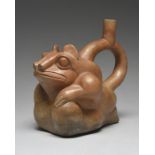A Moche stirrup spout vessel Peru, circa 500 - 700 AD pottery, modelled as a frog, 16cm high.