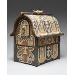 A Lombok box modelled as a traditional house Indonesia palm leaf, split cane and applied shells,