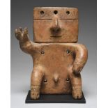 A Quimbaya seated 'slab' male figure Colombia, circa 1000 - 1500 AD terracotta, with right arm and