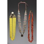 Three Naga bead necklaces Nagaland coloured glass beads, shell and coins, the longest 41cm. (3)